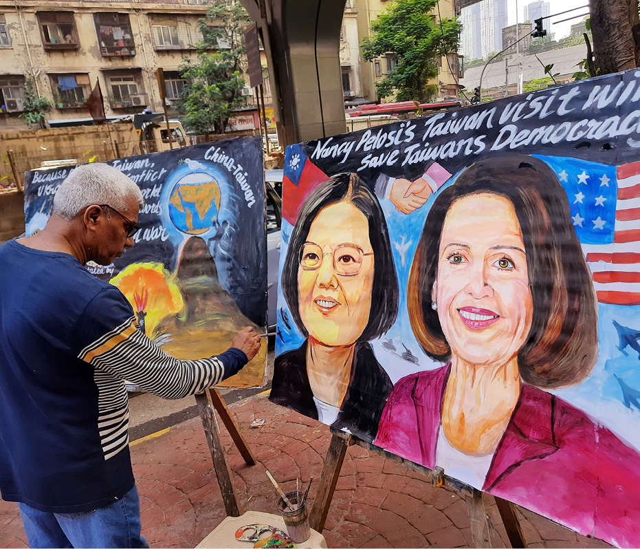 File photo of an artist of Gurukul School of Art drawing a painting of US House Speaker Nancy Pelosi and Taiwanese President Tsai Ing-wen, in Mumbai on 4 August 2022. ANI