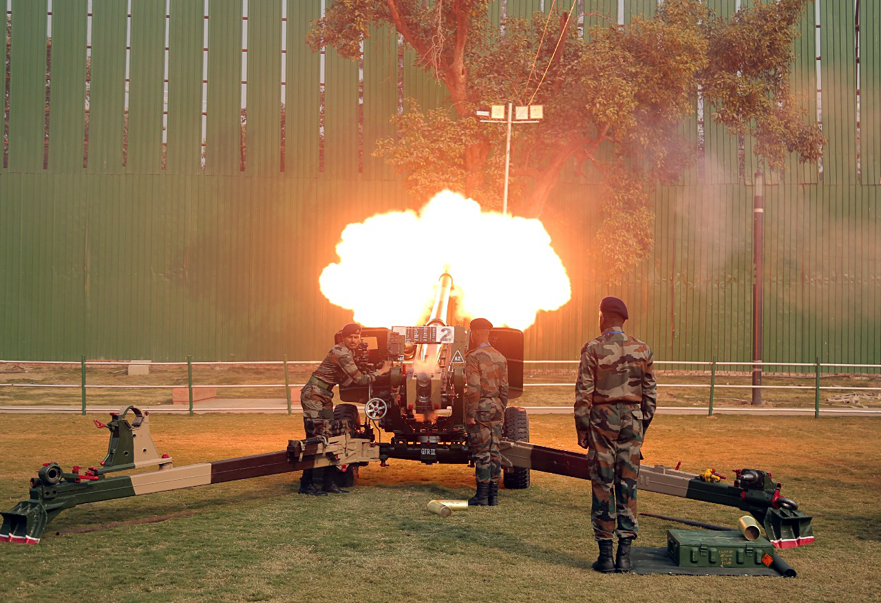First ever ceremonial gun salute including 105mm Indian field guns on Independence Day.