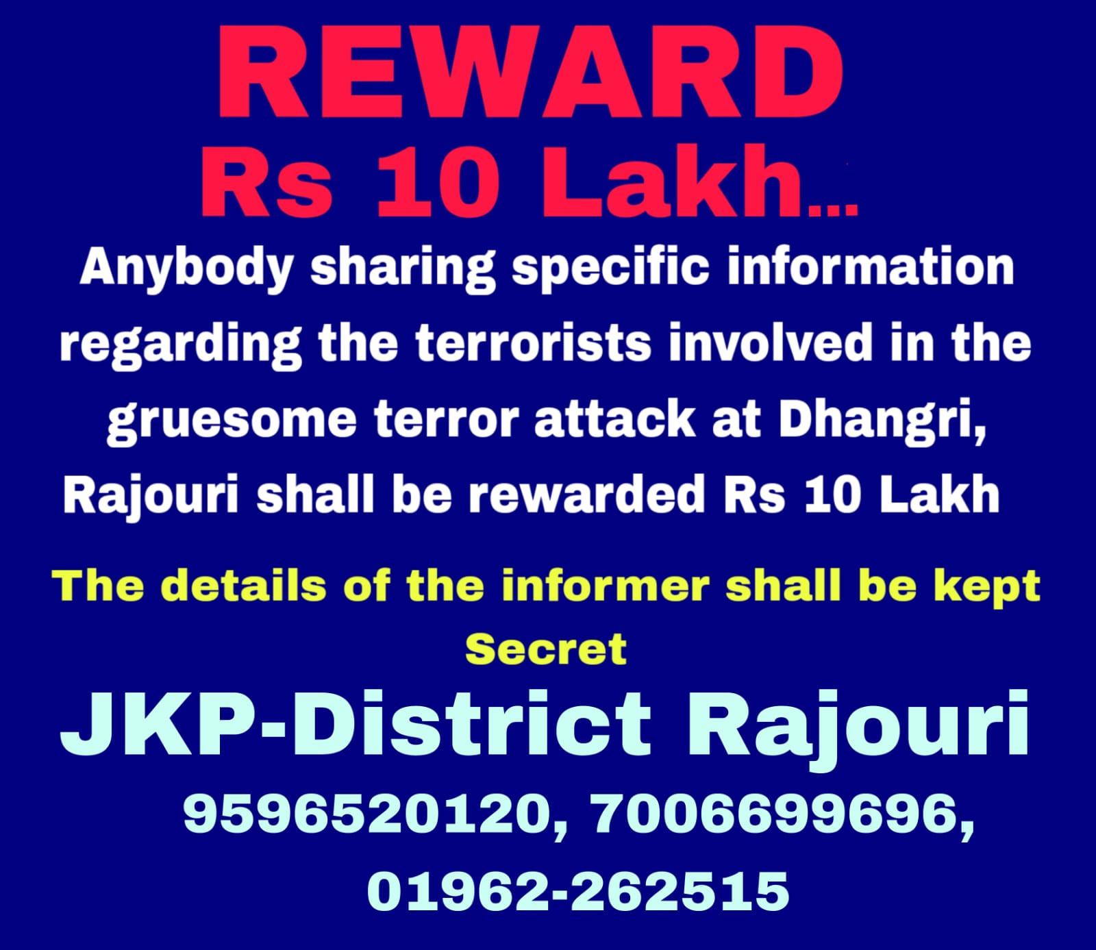 J&K Police announces reward for giving any information about terrorists