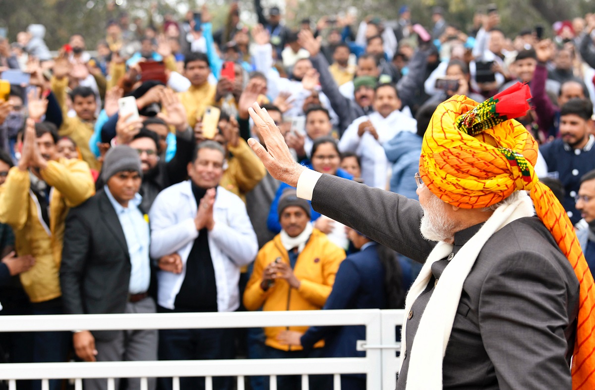 PM Modi waves at the people during the 74th Republic Day Celebrations