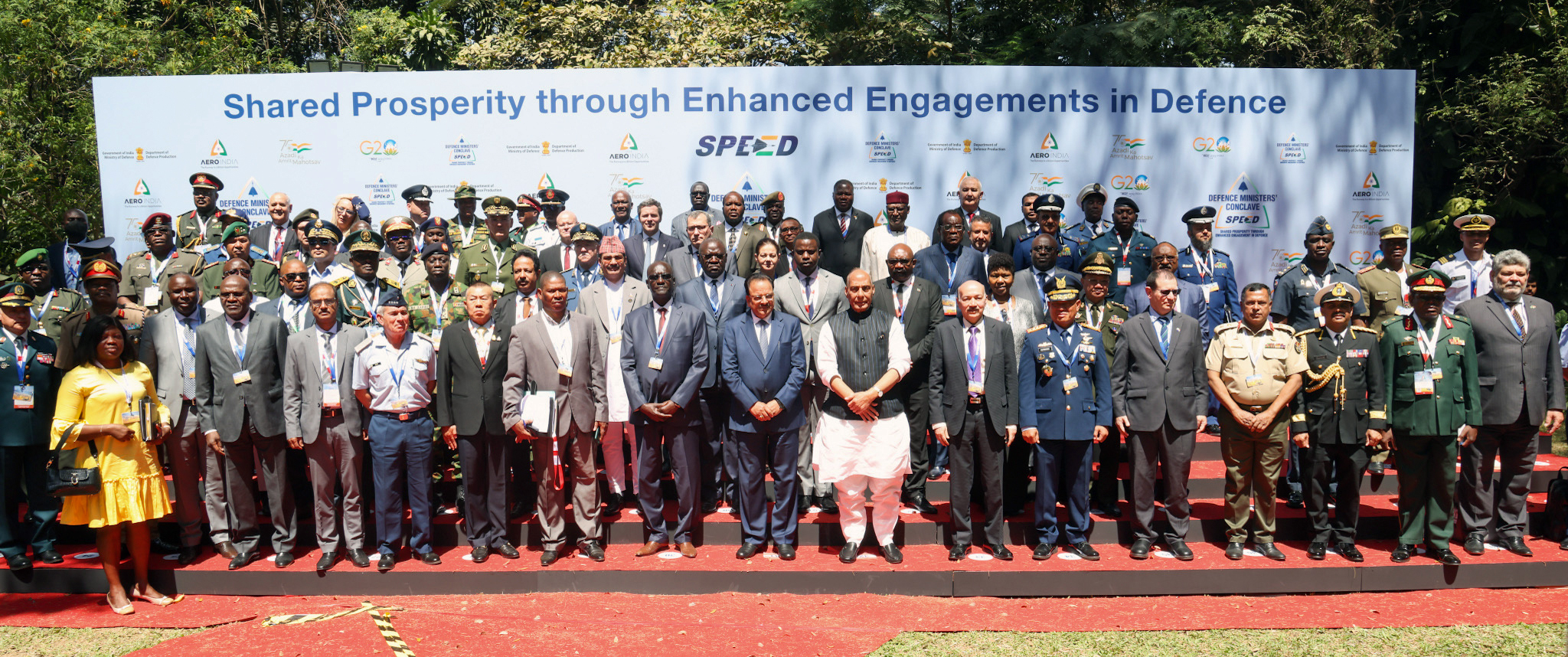 In a group photo, Rajnath Singh, the Union Minister for Defense, is seen welcoming the Defense Ministers’ Conclave on Tuesday in Bengaluru, which was held in conjunction with Aero India 2023