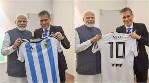 PM Narendra Modi receives Argentina football team jersey featuring Lionel Messi’s name
