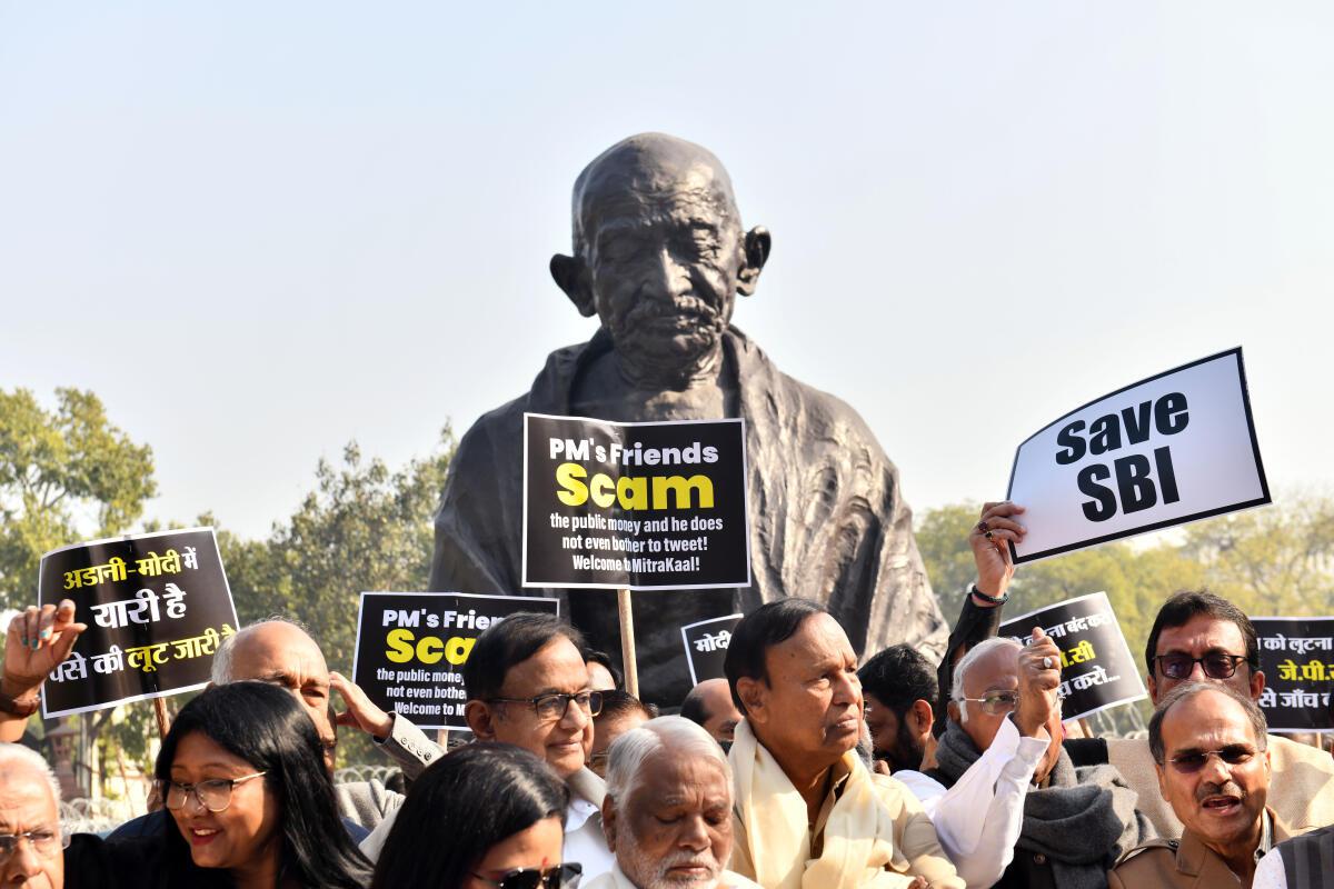 Opposition MPs protest near Gandhi Statue over Hindenberg-Adani row