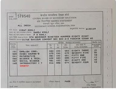 Kohli shares image of his class 10 marksheet on social media ...