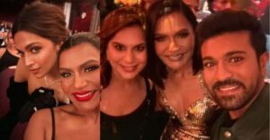 Mindy Kaling is all smiles as she poses with Deepika Padukone and Ram Charan at Oscars 2023- Take a look