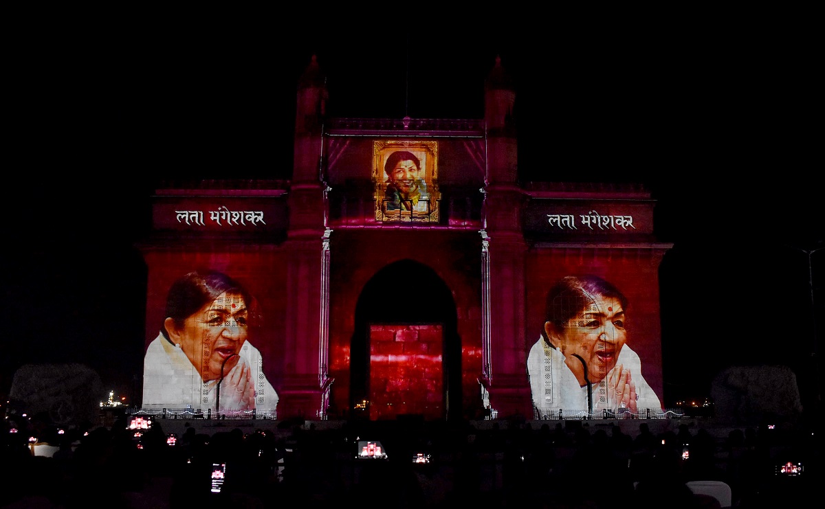 Image of legendary singer Lata Mangeshkar being projected on the occasion of International Women’s Day