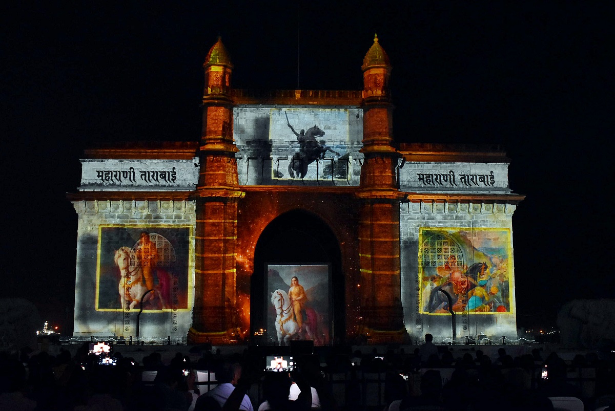 Images of Maharani Tarabai being projected at the Gateway of India during the Light and Sound show