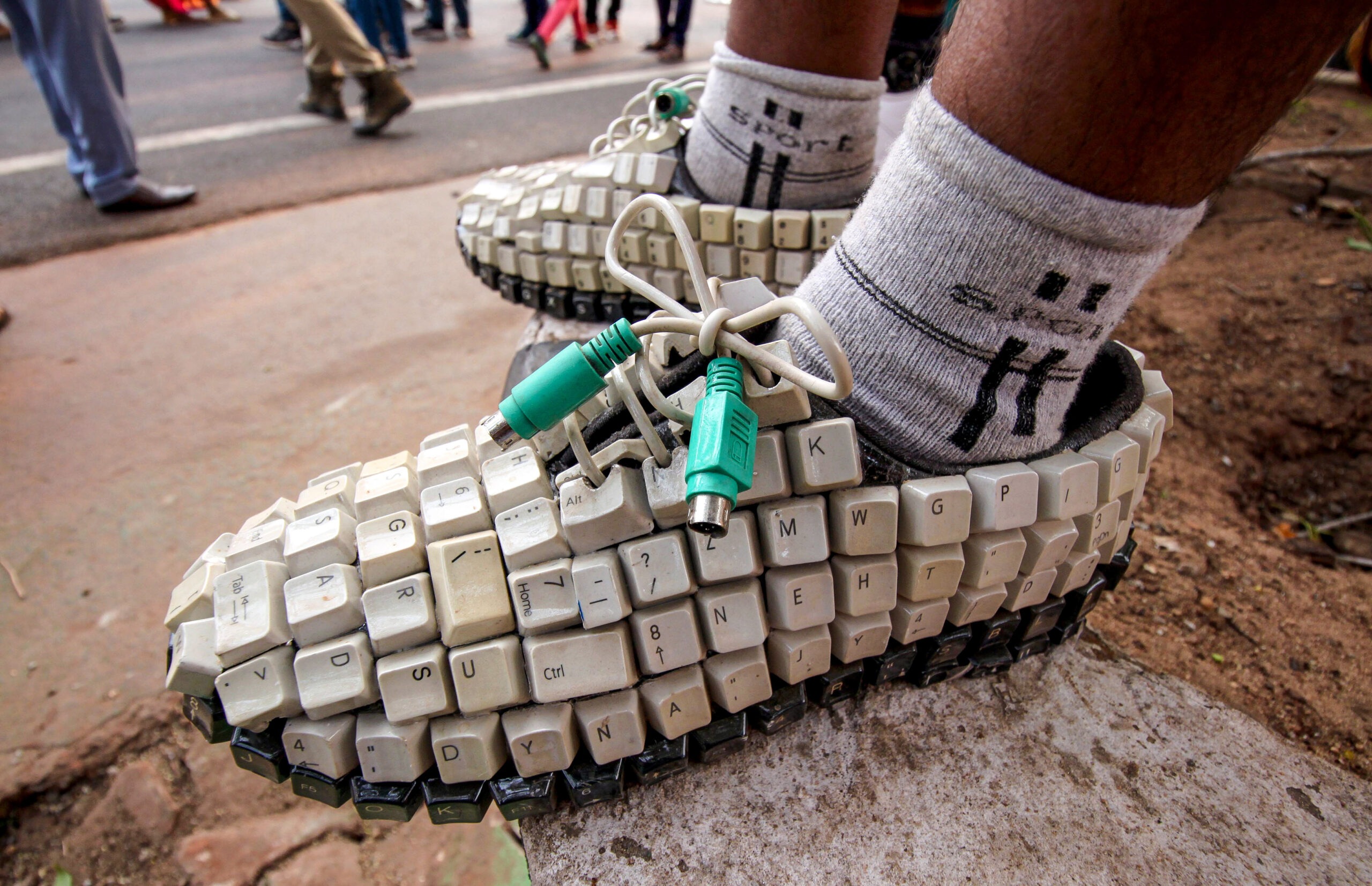 A shoe seen made up of computer equipment by the Odisha skill students at ‘Pathapranta Utsav’