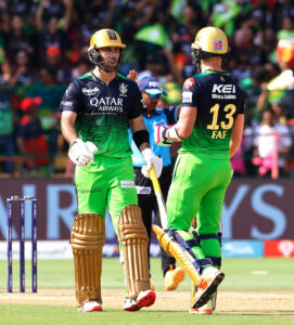 Glenn Maxwell and Faf du Plessis during the match against RR