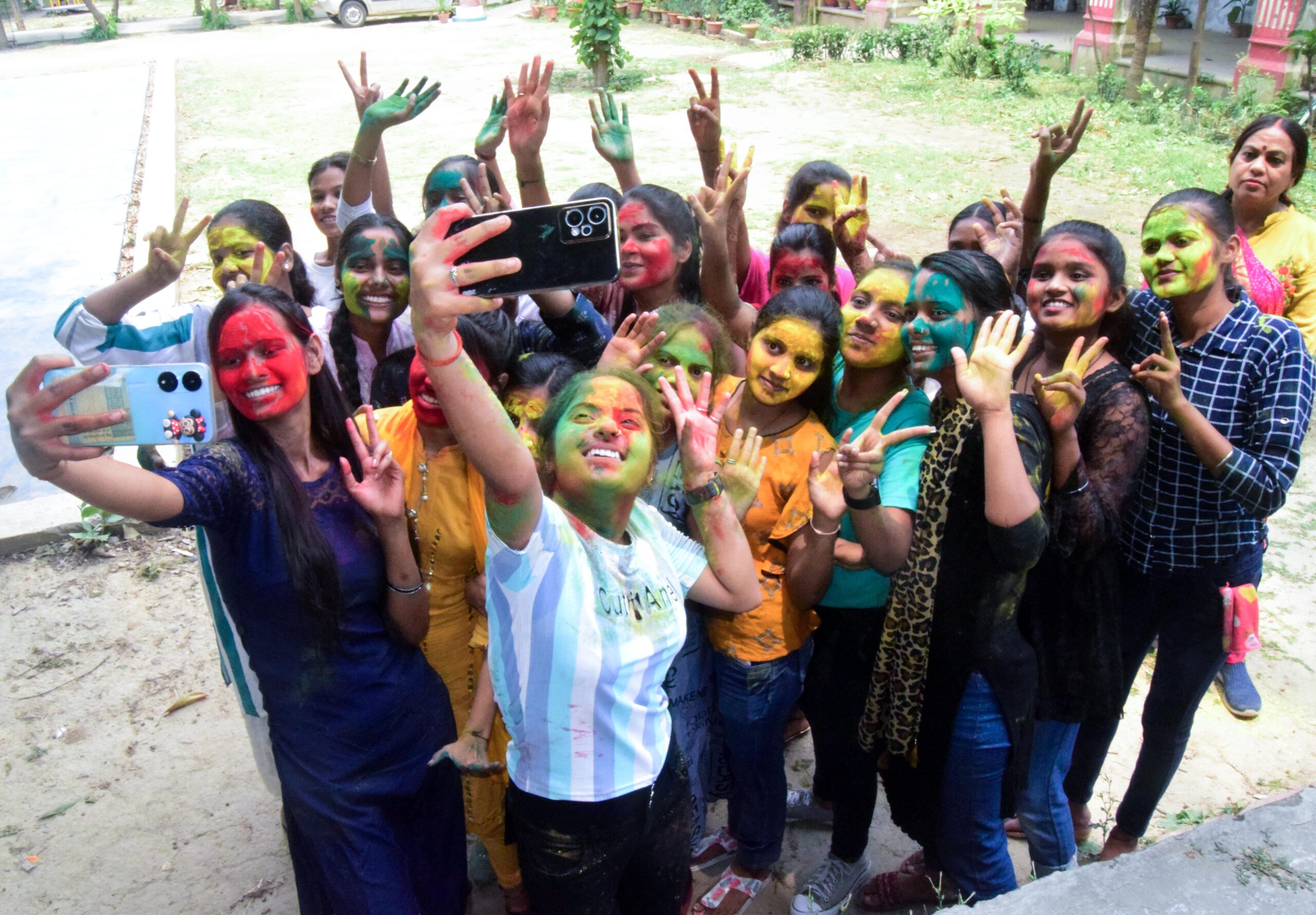 Students celebrate after the declaration of UP board results.