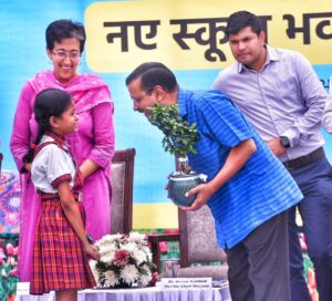 Arvind Kejriwal during the foundation stone laying of new building blocks at Rajkiya Sarvodaya Kanya/Bal Vidyalaya