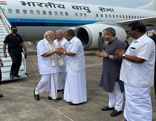 CM Vijayan and the Governor of Kerala welcome PM Modi to Thiruvananthapuram.