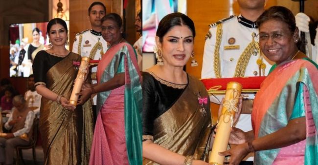 Watch: Raveena Tandon receives the prestigious Padma Shri Award from President Draupadi Murmu