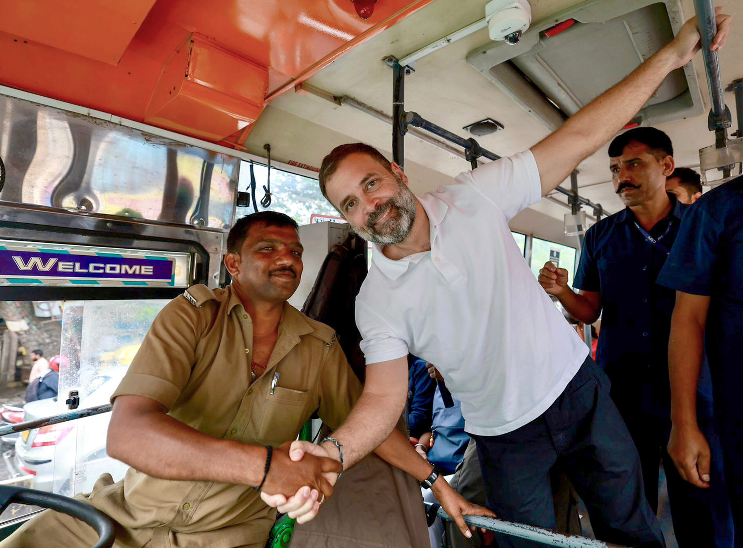 In preparation for the Karnataka Assembly Elections, Rahul Gandhi travels aboard a BMTC bus.