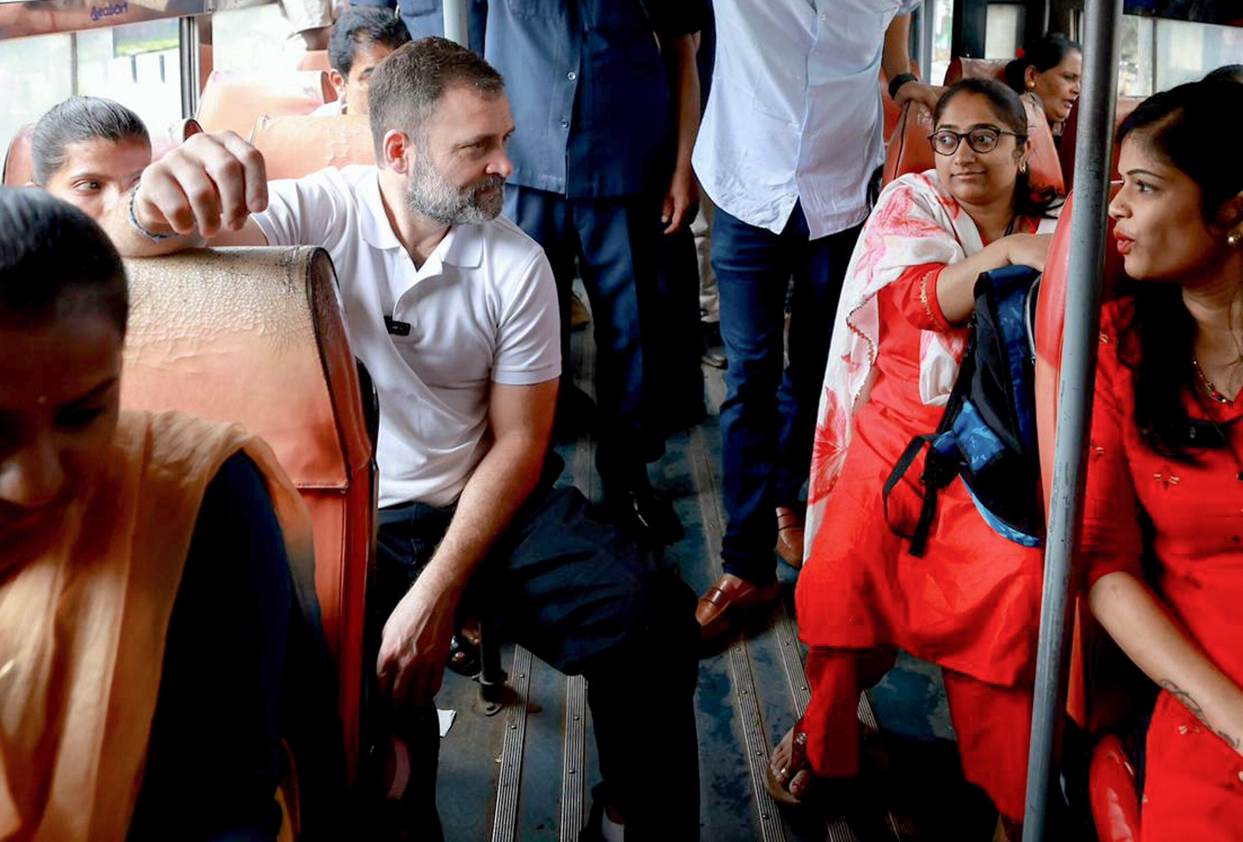 In preparation for the Karnataka Assembly Elections, Rahul Gandhi travels aboard a BMTC bus.