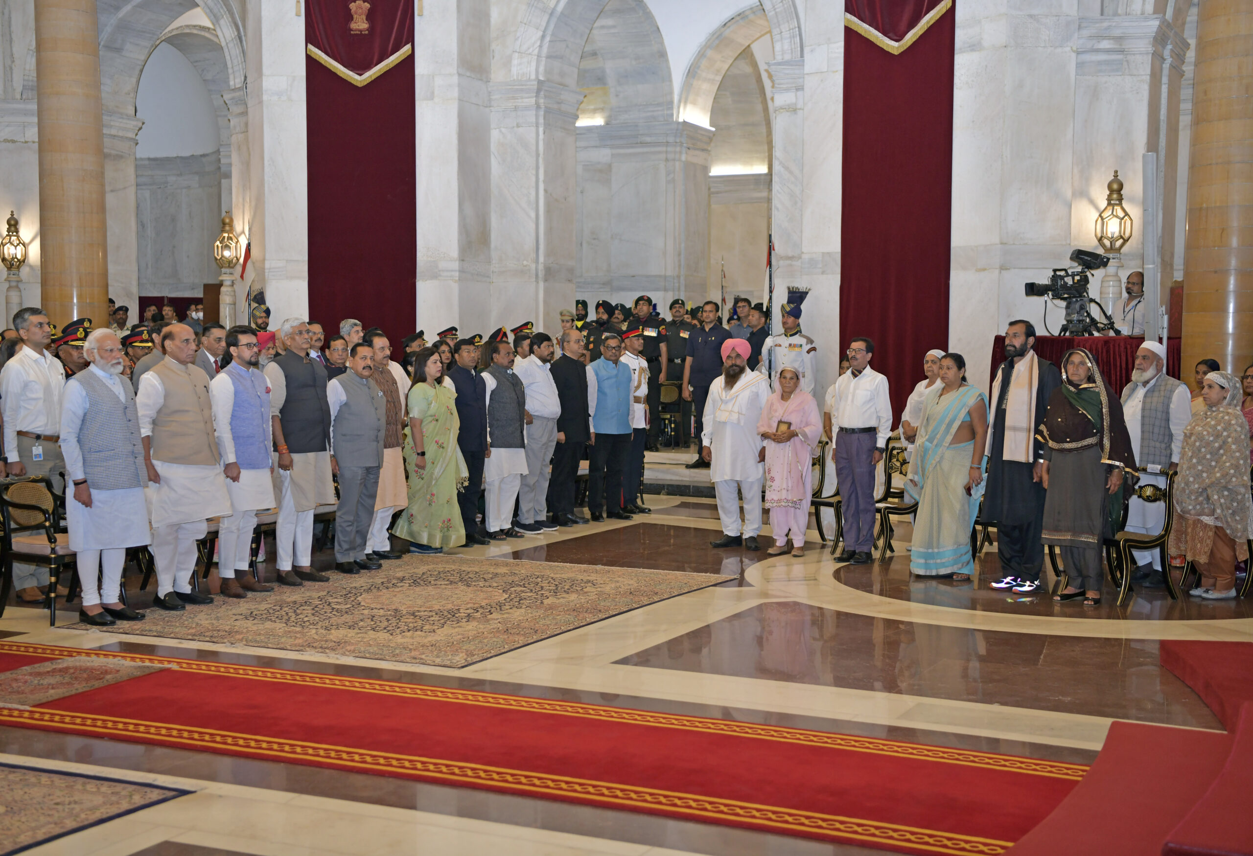 President Droupadi Murmu, Vice President Jagdeep Dhankhar, and Prime Minister Narendra Modi meet with awardees of Gallantry Awards at Rashtrapati Bhawan in New Delhi