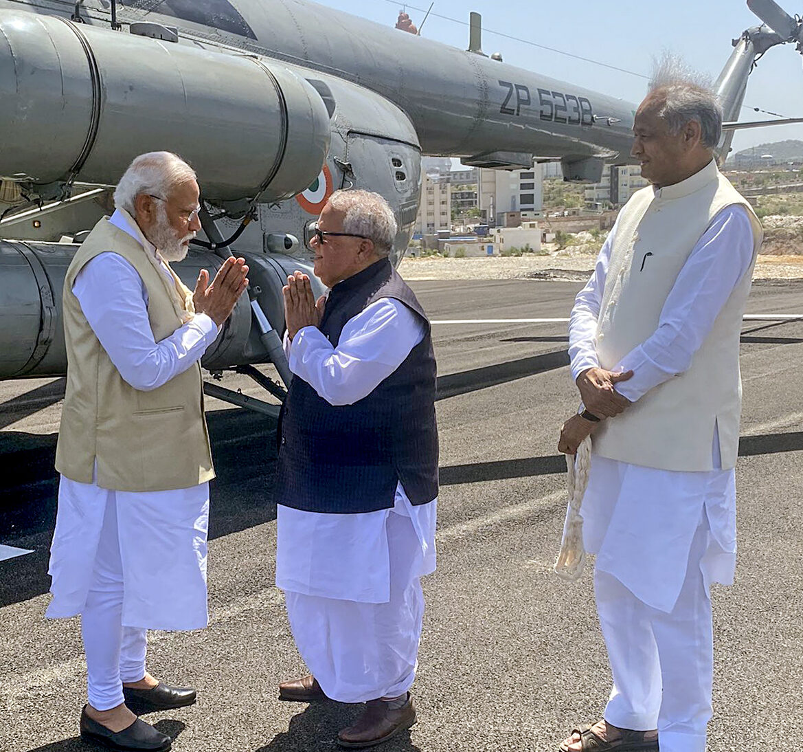 Rajasthan CM Ashok Gehlot welcomes PM Narendra Modi today on his arrival, in Nathdwara