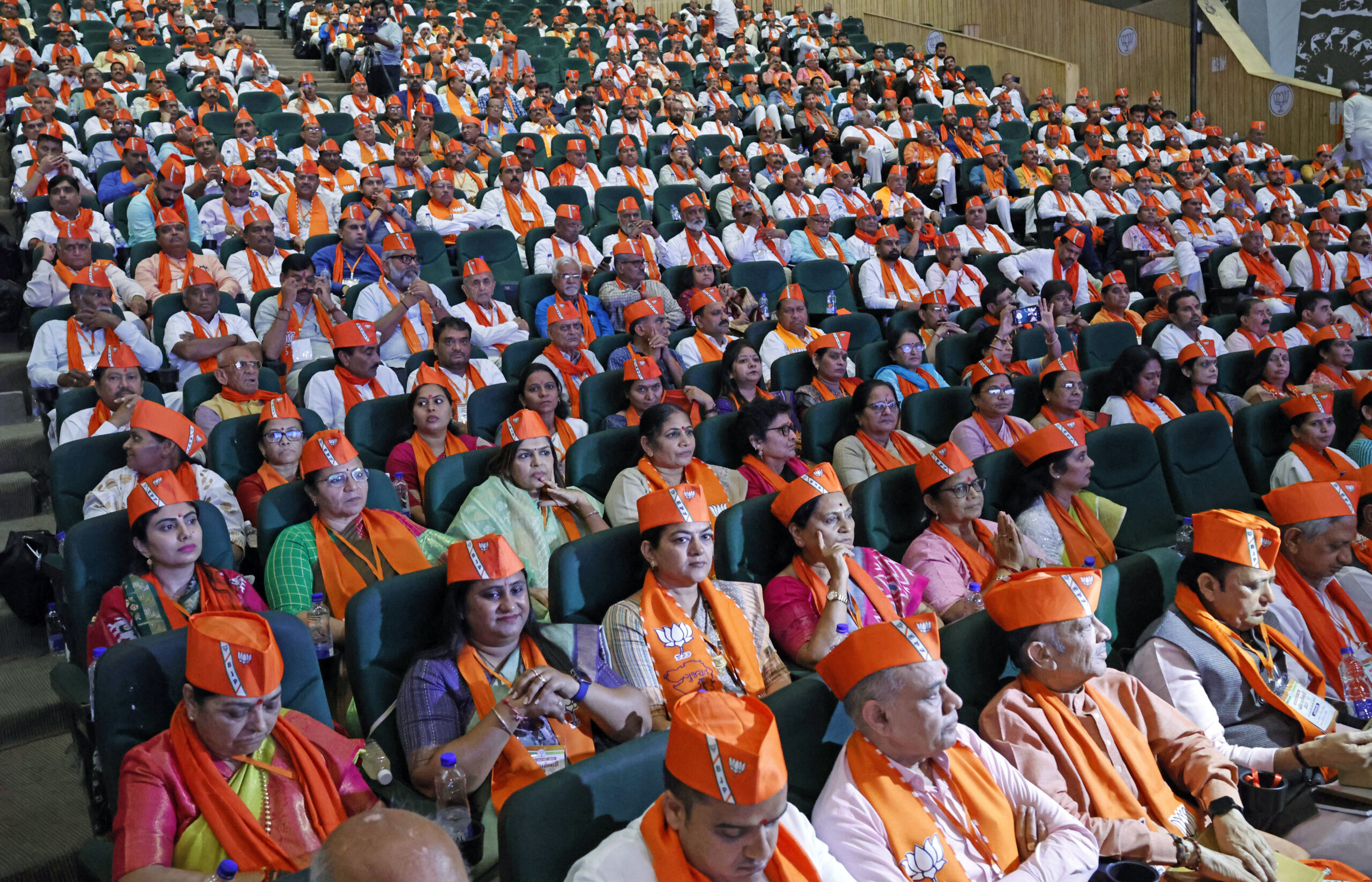 BJP members attend a core committee meeting in Ahmedabad