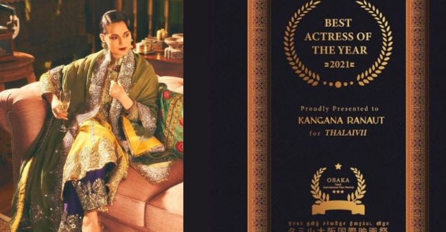 Kangana Ranaut expresses gratitude as she wins best actress award for Thalaivii at Osaka Tamil International Film Festival
