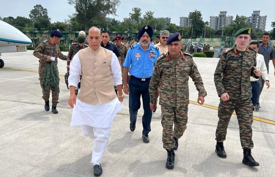 Rajnath Singh, the defence minister, arrives in Jammu. Lt. Governor Manoj Sinha and Army Chief General Manoj Pande welcomed him.