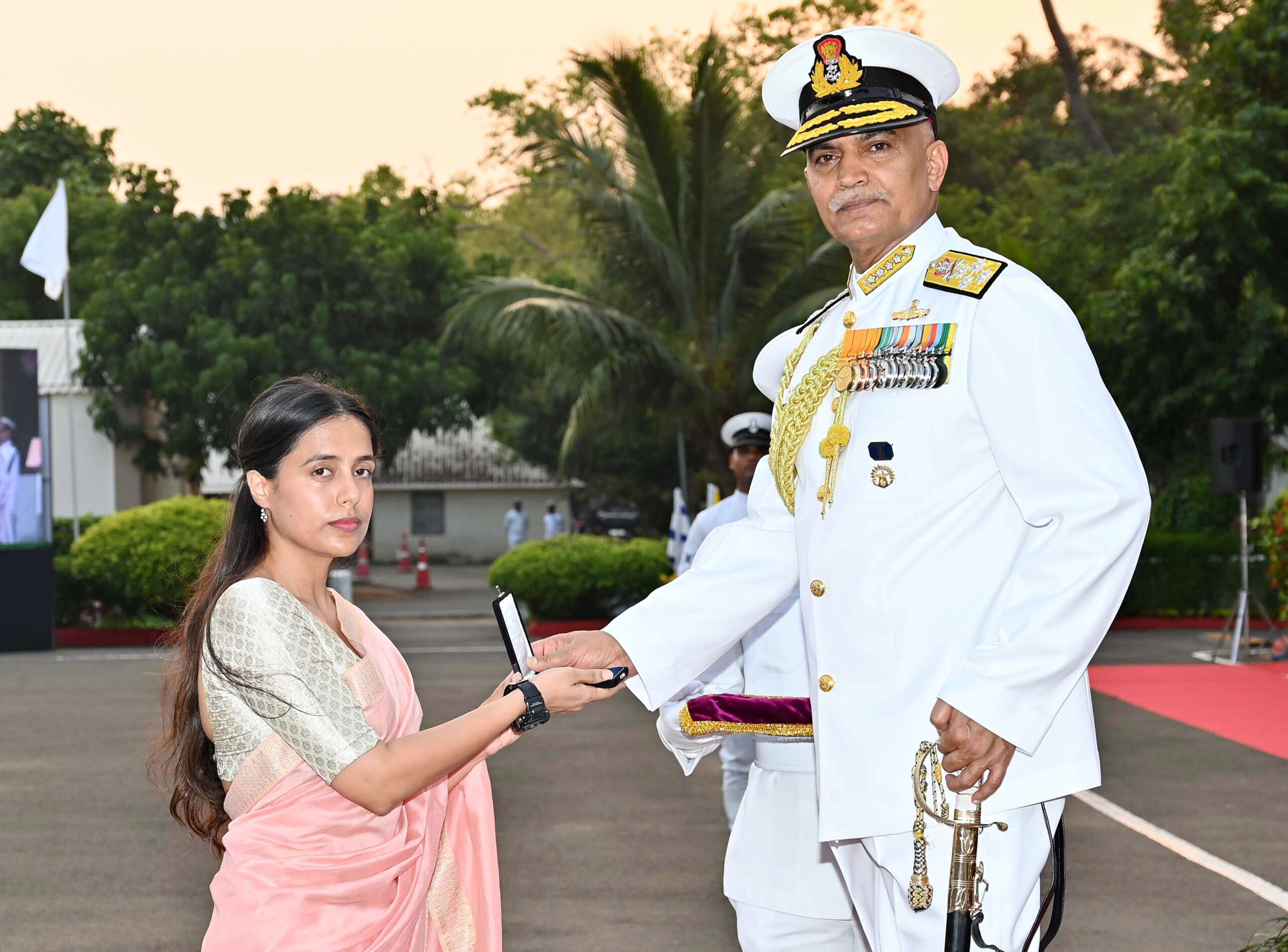 Chief of Naval Staff Admiral R Hari Kumar presents the award (posthumous) during Naval Investiture Ceremony, at the Eastern Naval Command, in Visakhapatnam