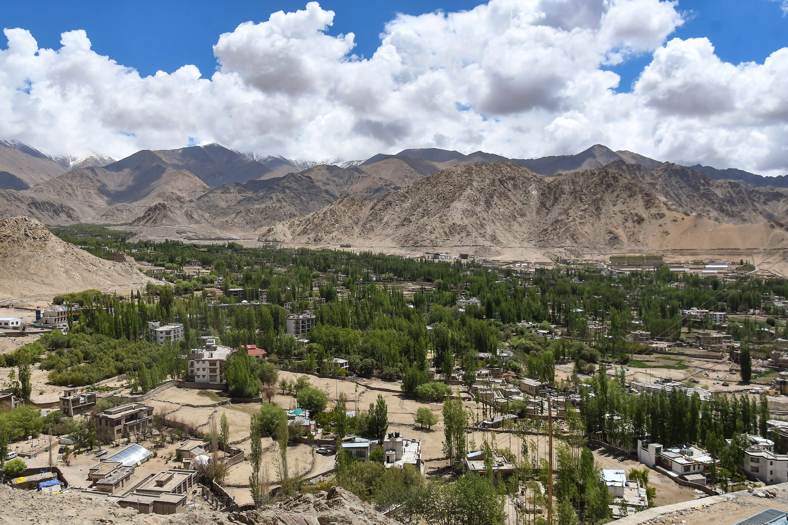 A view of the Leh city at the backdrop of snow-covered mountains