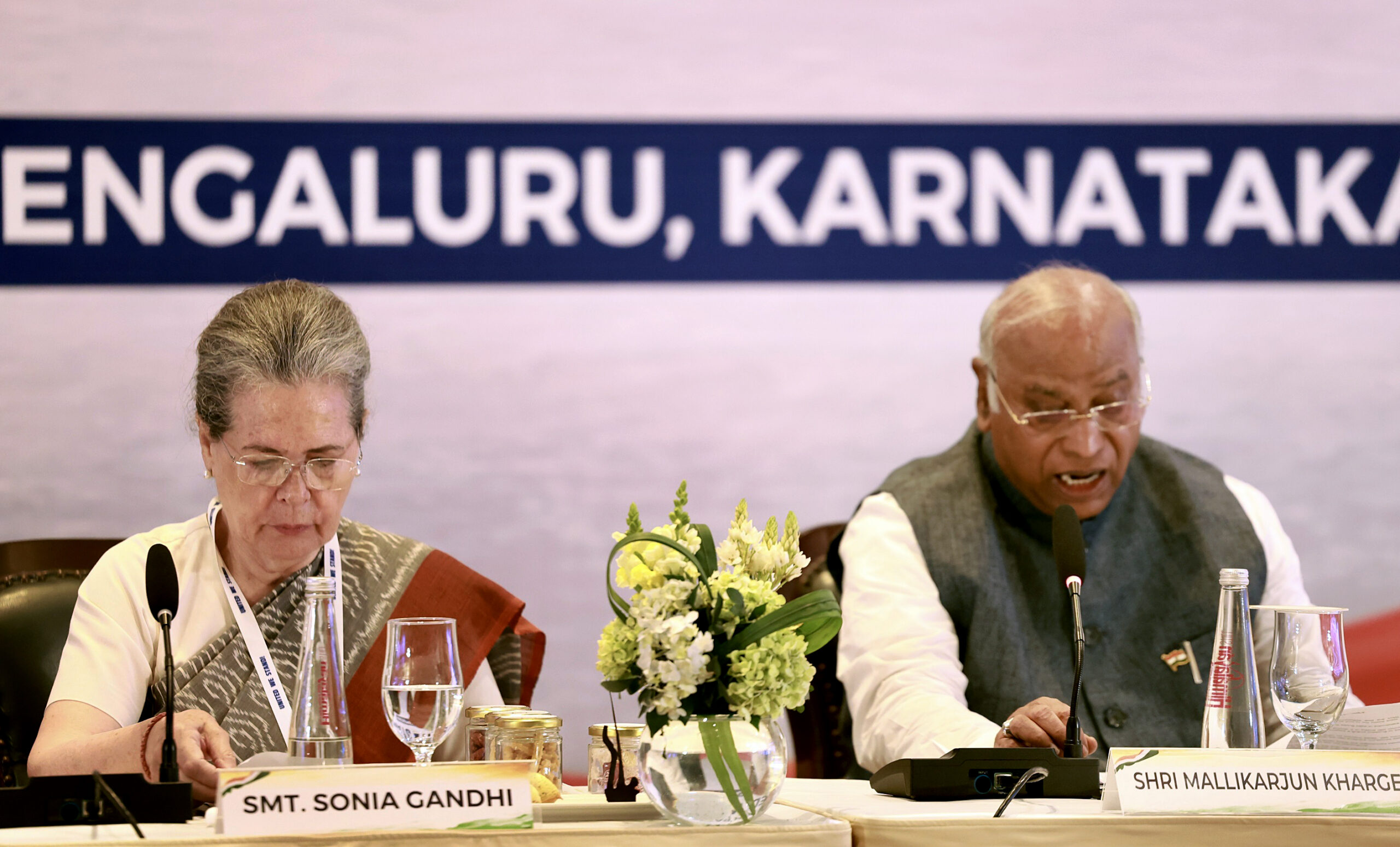 Mallikarjun Kharge speaks during the second day of the joint Opposition meeting