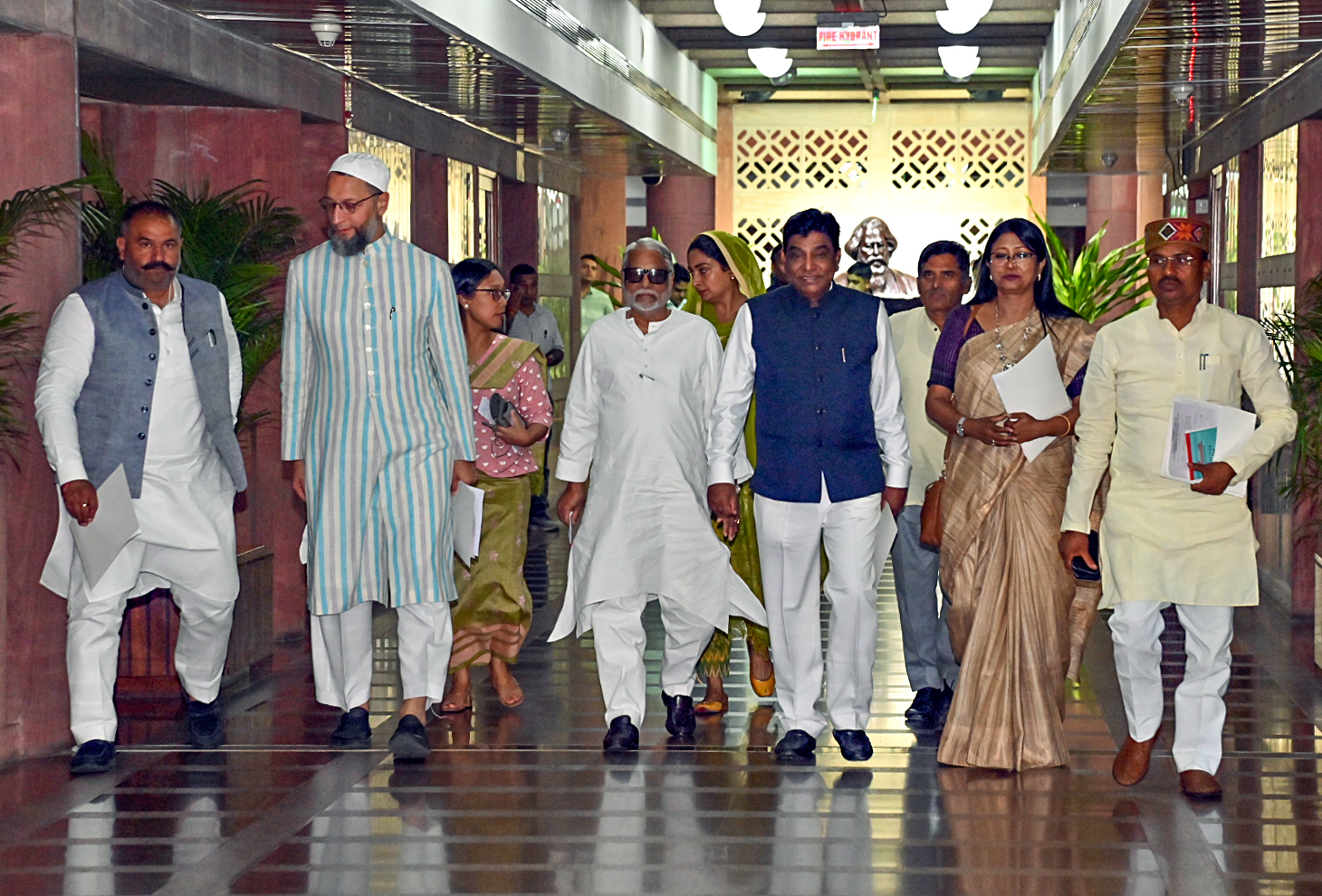 Asaduddin Owaisi, Sushil Kumar Rinku, Mahua Manjhi and other MPs leave after attending an all-party meeting