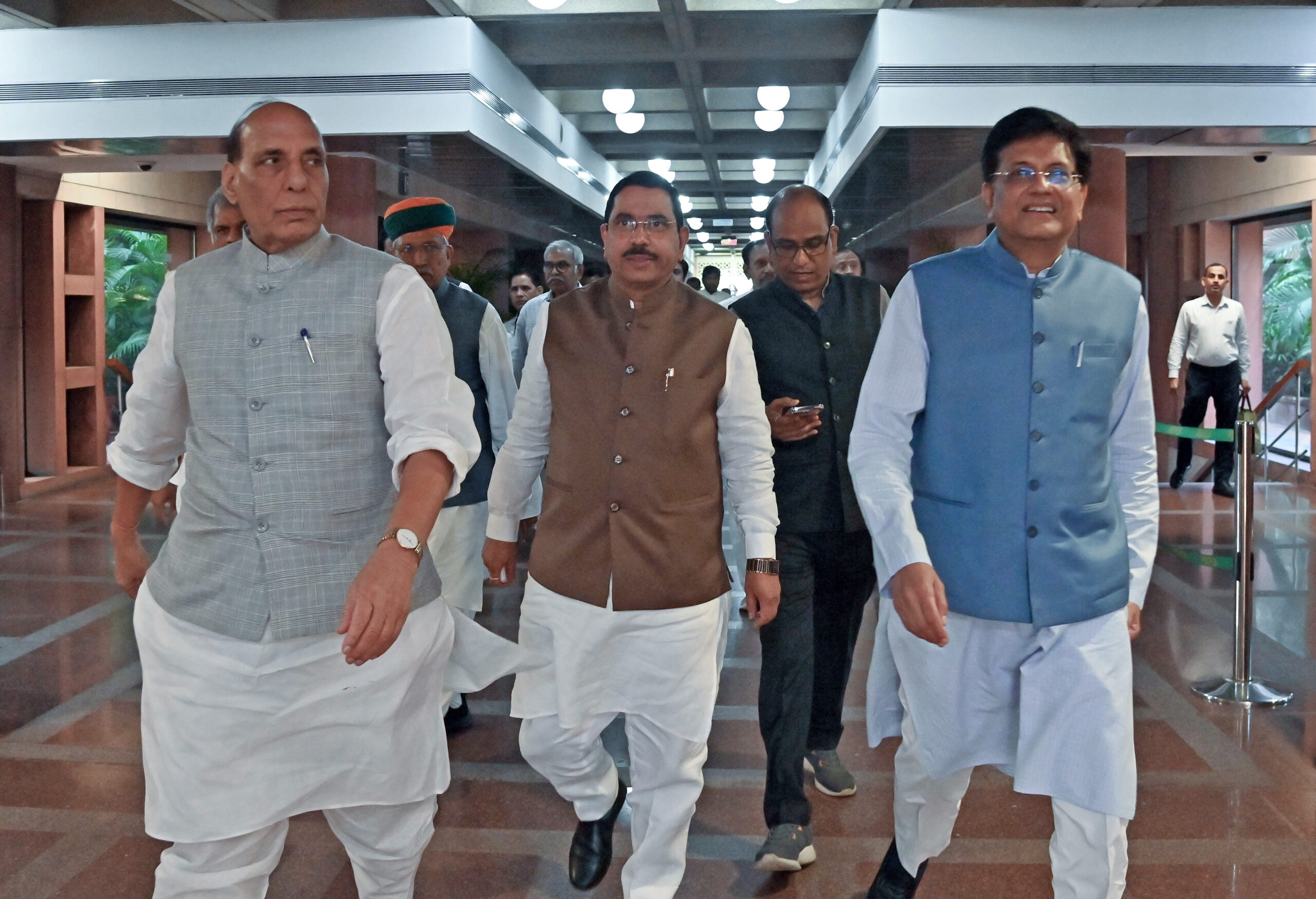 Rajnath Singh leaves after chairing an all-party meeting