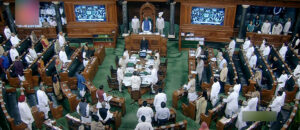 BJP MPs conduct a ‘Quit India’ protest on Parliament grounds.