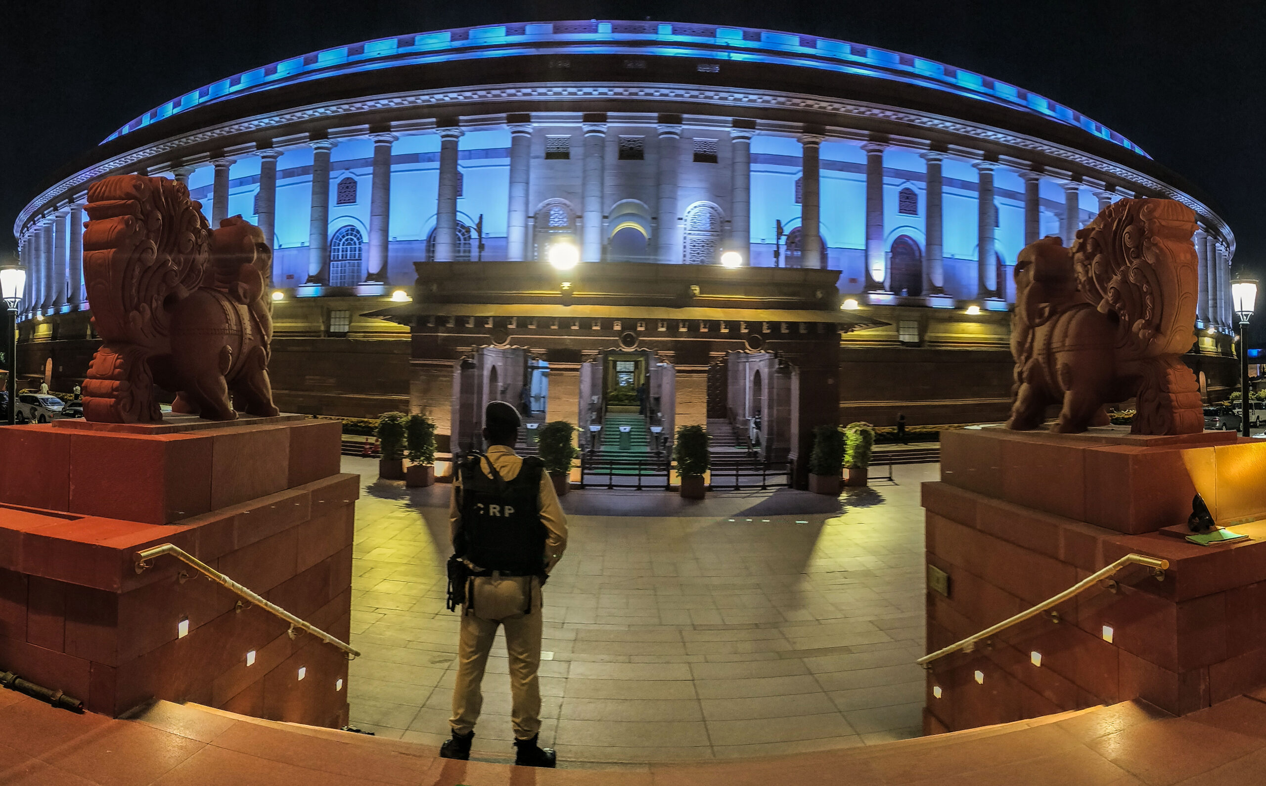 Security personnel keeps vigil at Parliament House during the Monsoon Session