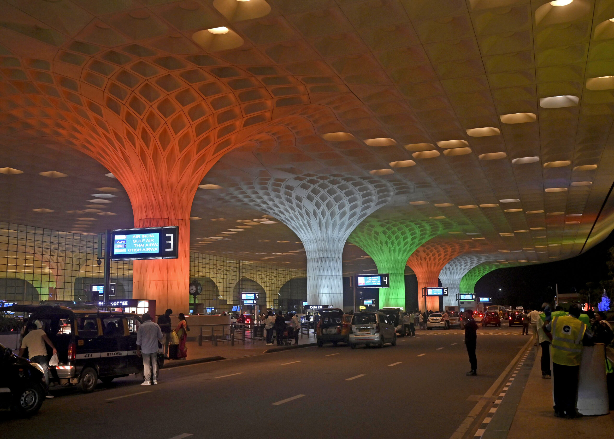 Chhatrapati Shivaji Maharaj International Airport illuminated in tricolor