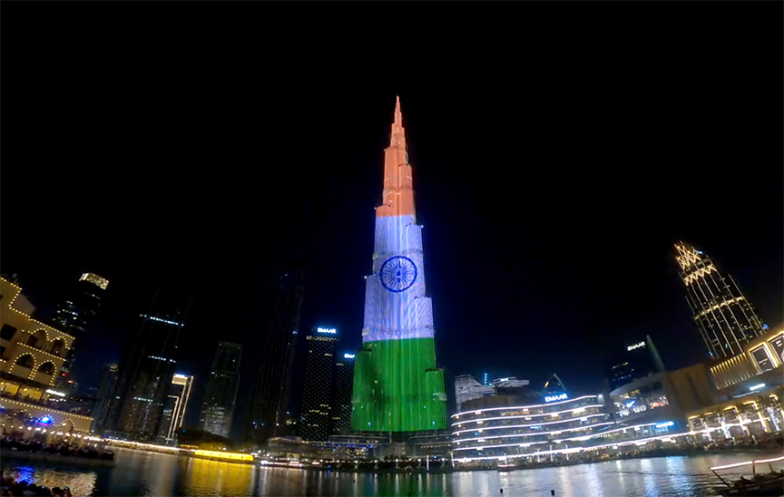 Burj Khalifa illuminates on the occasion of the 77th Independence Day