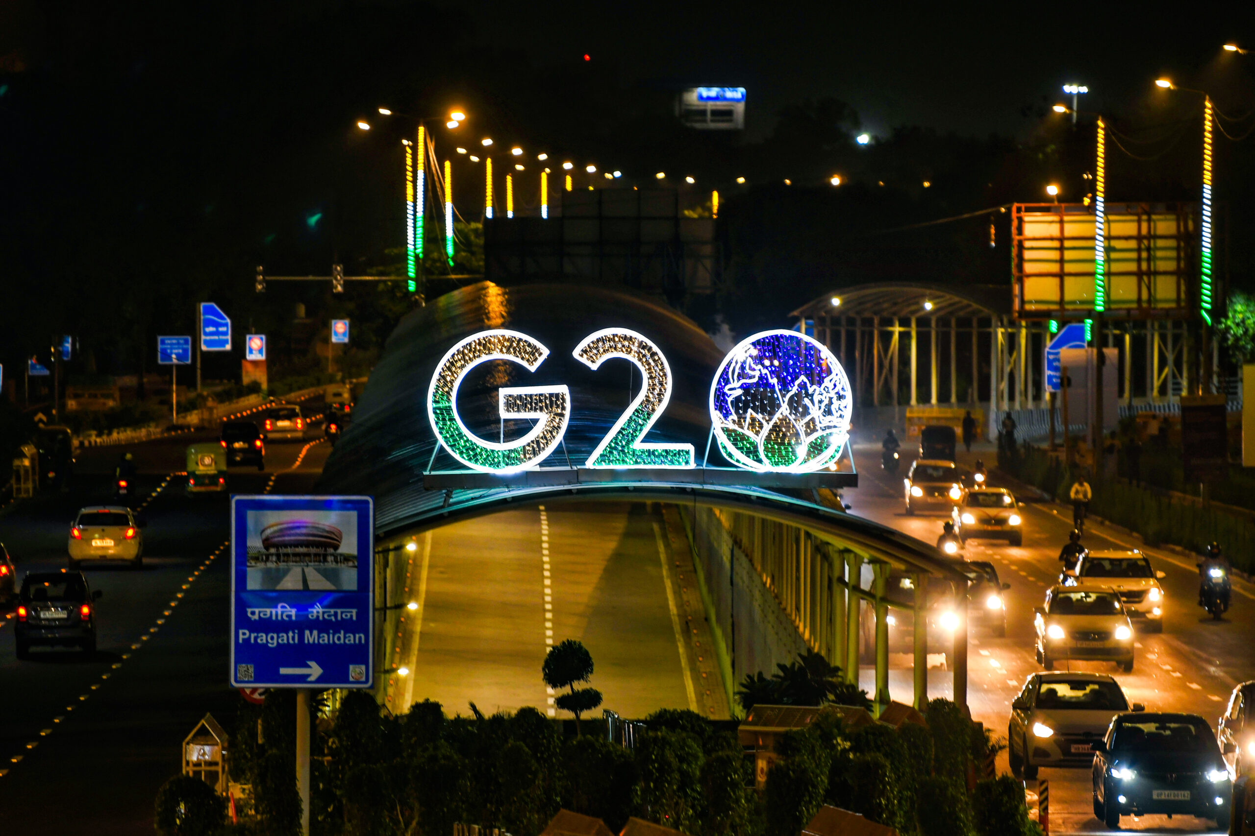 A view of beautification work and lighting around Bharat Mandapam convention centre