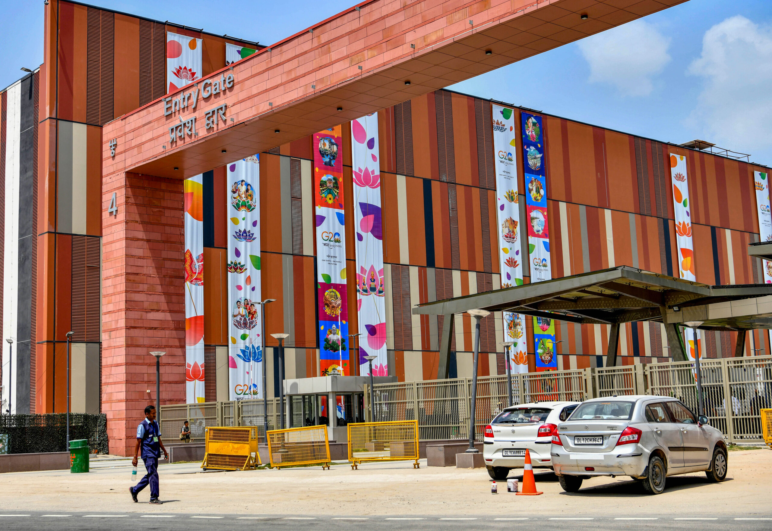 A view of beautification work at Bharat Mandapam convention centre of Pragati Maidan