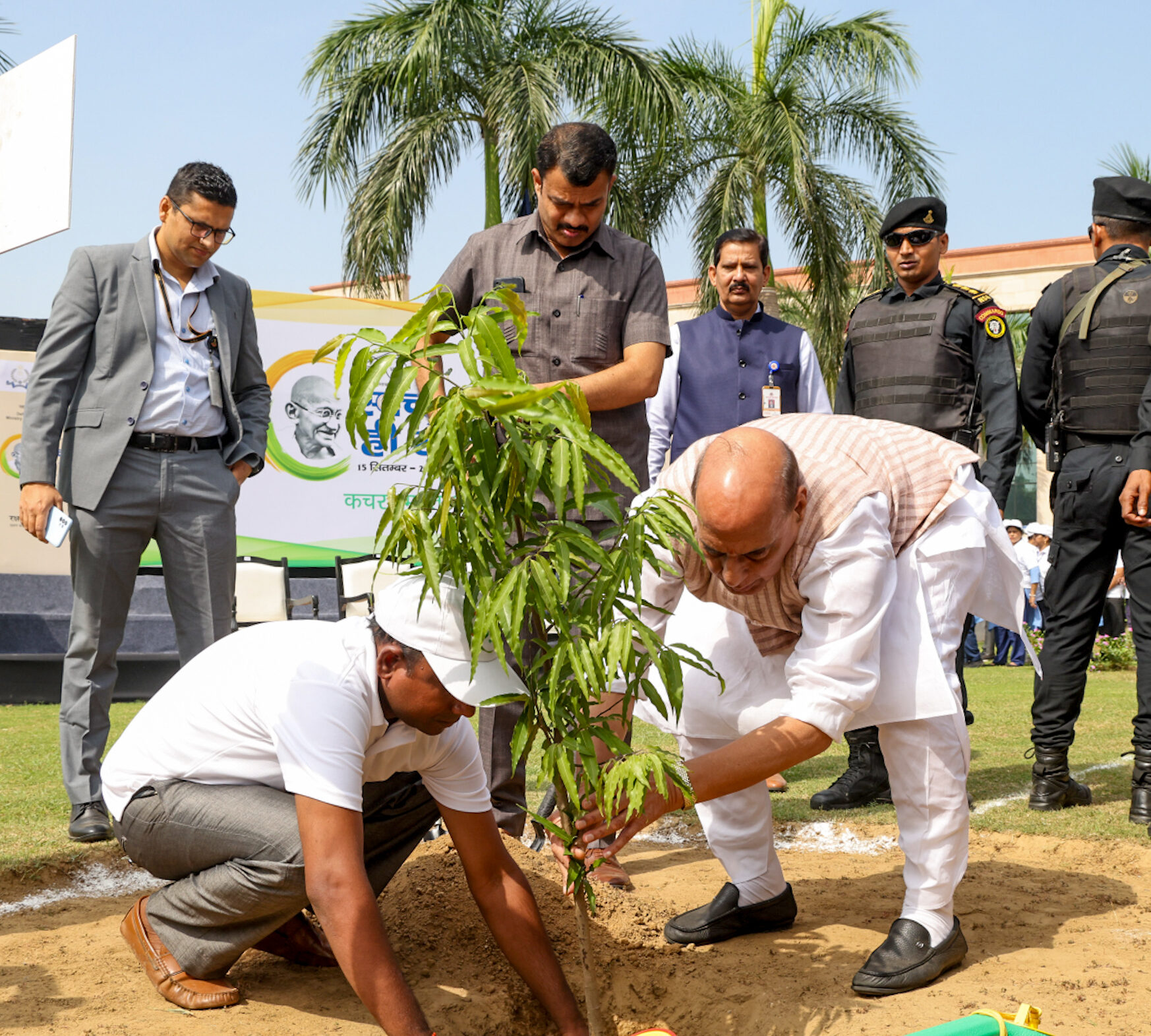 Defence Minister Rajnath Singh takes part in a plantation drive and beautification work as part of the ‘Swachhata Hi Sewa’ campaign, in New Delhi on Sunday. ANI