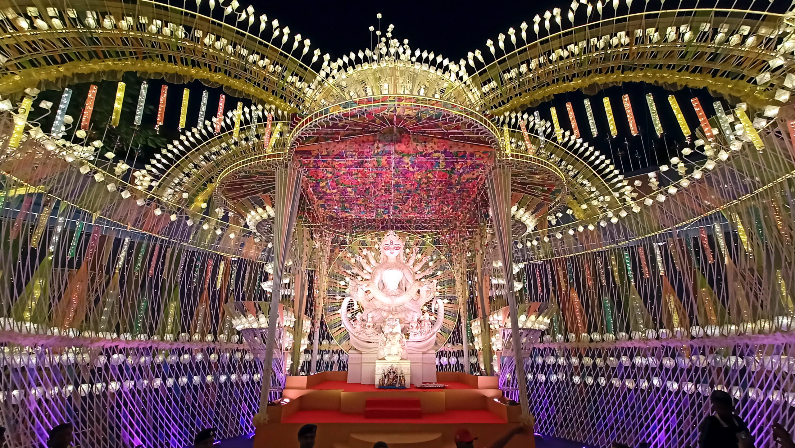 An idol of Goddess Durga is installed in a community pandal