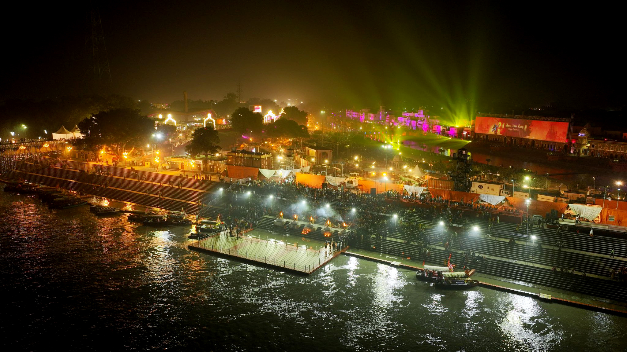 Earthen lamps lit up on the banks of the Saryu river ahead of the Diwali festival