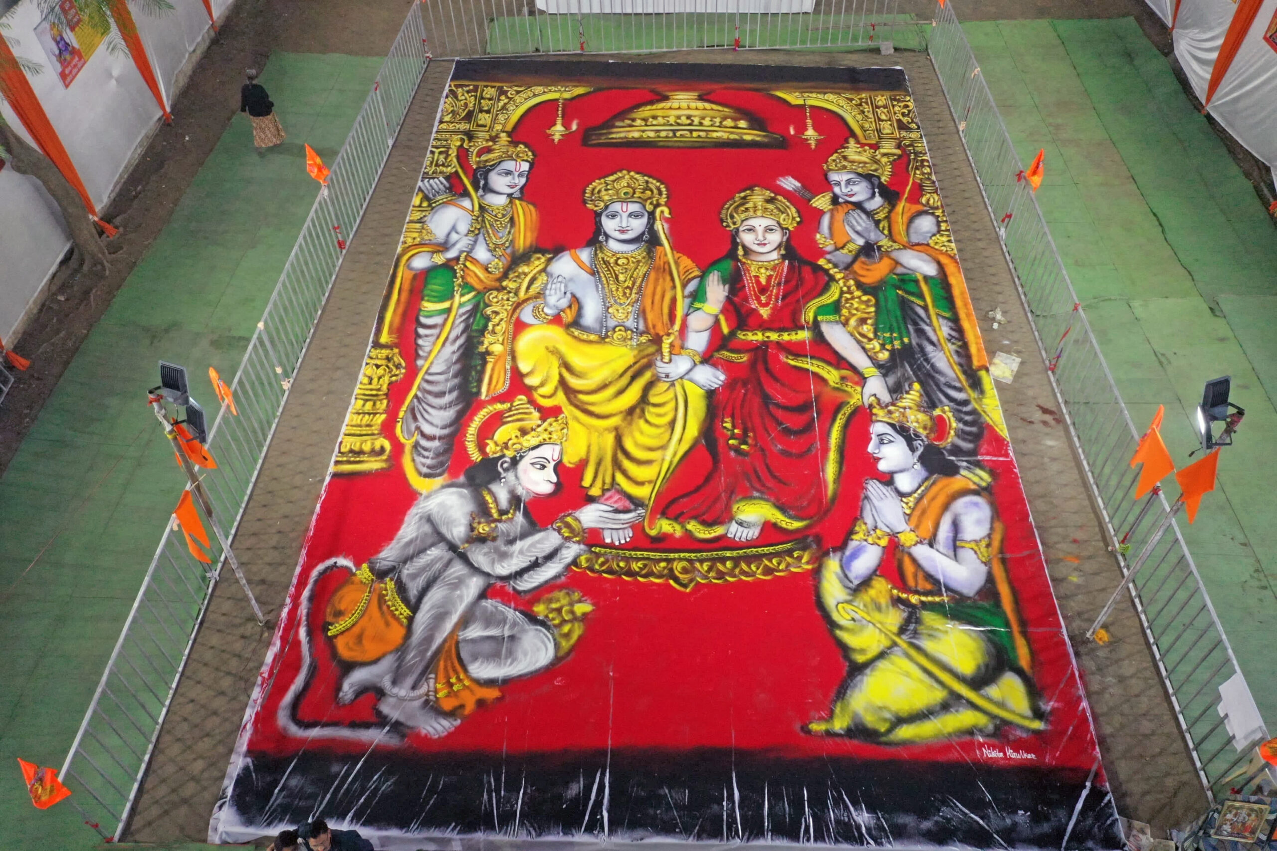 A huge rangoli of Lord Ram, Lord Laxman, Goddess Sita and Lord Hanuman was made by devotees on the eve of Pran Pratishtha ceremony of Ayodhya Ram Temple