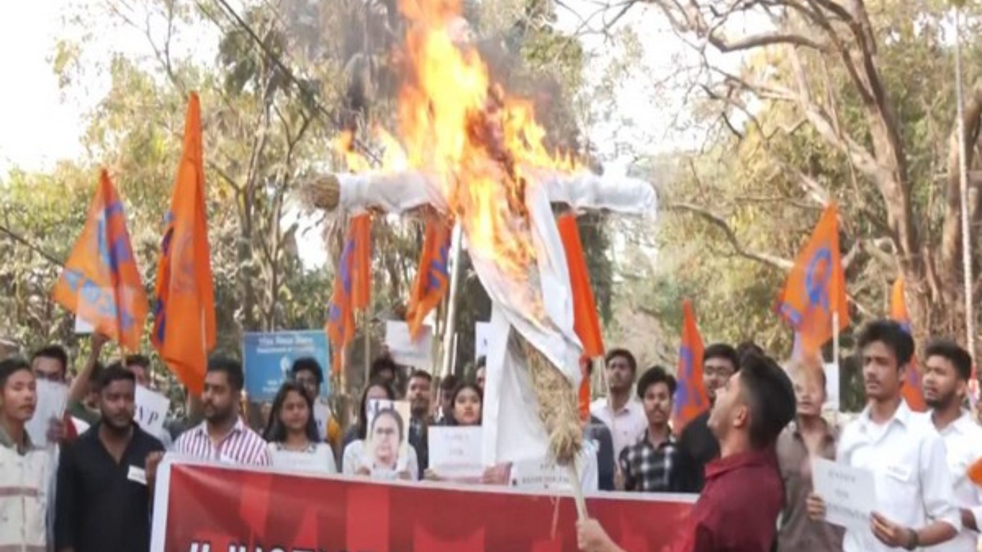 ABVP Protests Sandeshkhali Incident, Burns Effigy of West Bengal CM Mamata Banerjee