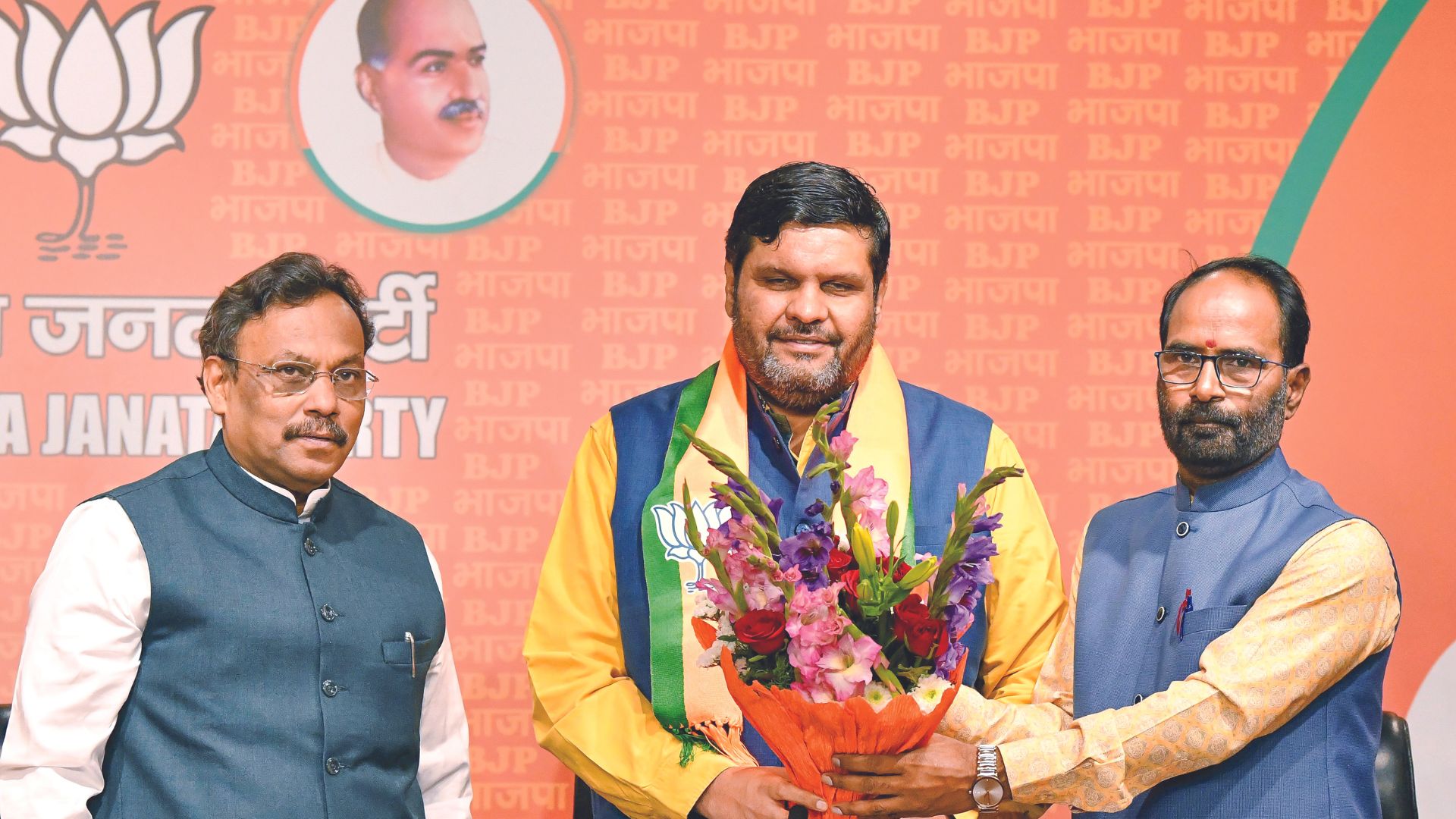 Former Congress leader Gourav Vallabh joins BJP, in the presence of BJP General Secretary Vinod Tawde and party leader Sanjay Mayukh in New Delhi on Thursday. (ANI Photo)