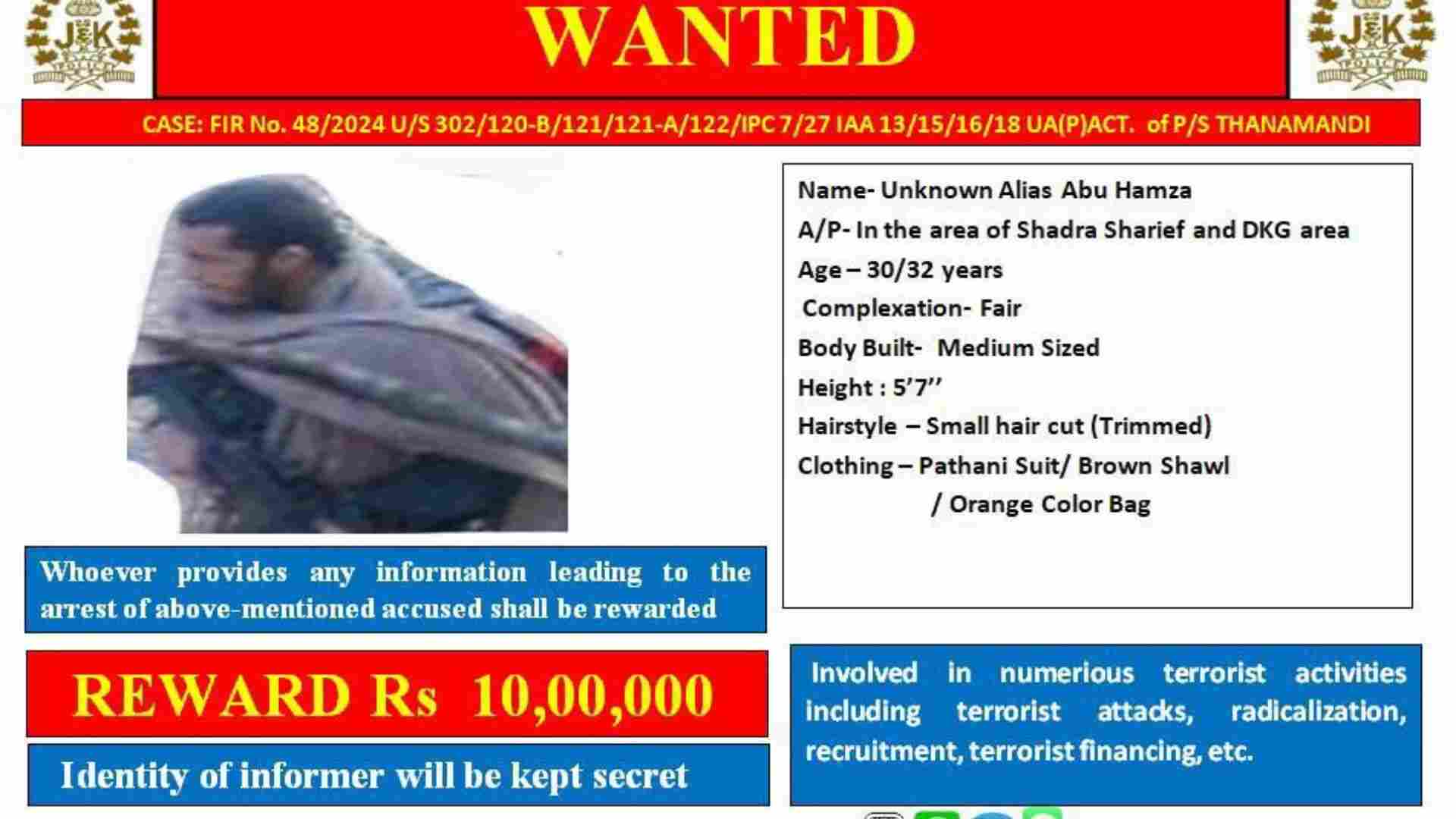 J&K Police Announces Rs 10 Lakh Reward for Information Leading to Capture of Terrorist in Rajouri Killing