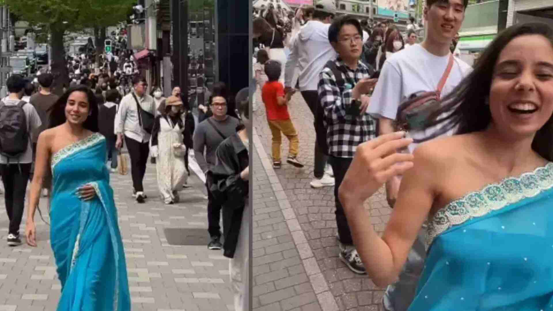 Watch: Indian Woman Stuns Japanese Locals In Icy Blue Sari