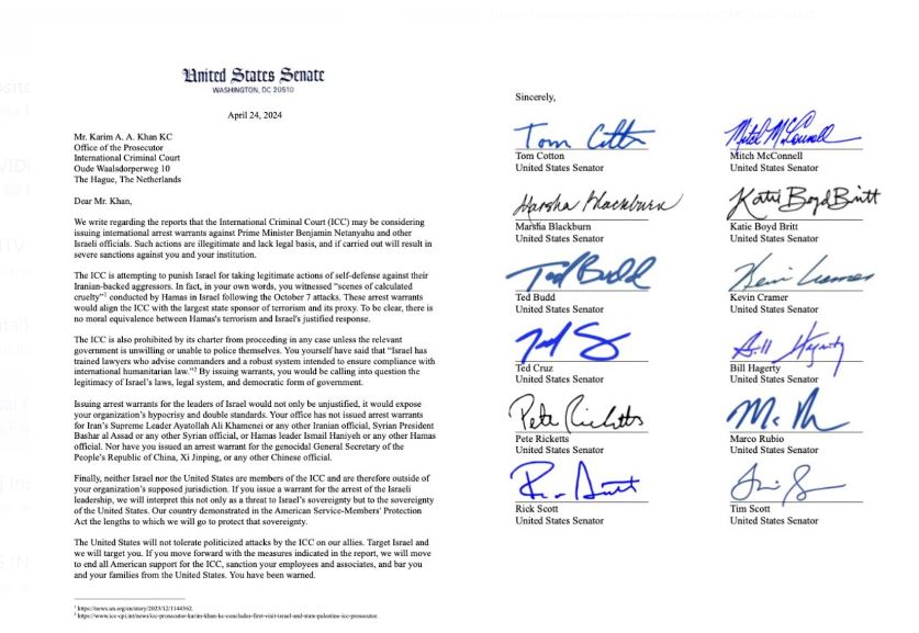 Republican US senators Send Letter Threatening  ICC Prosecutor; Warn Possible Result If Netanyahu arrested