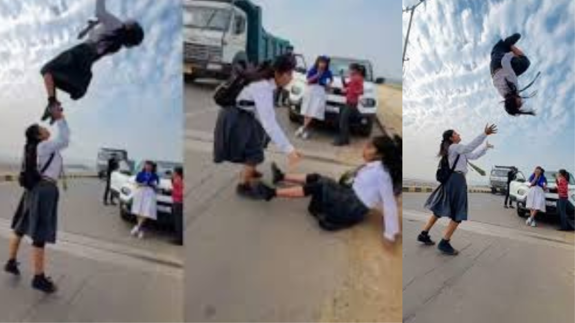 Watch: School Girls Fail To Perform Stunts On Road