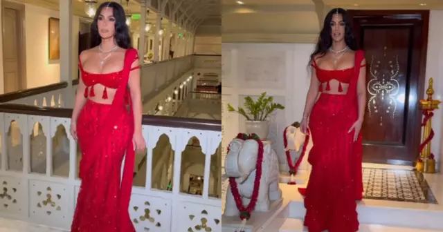 Kim Kardashian Stuns in Red Saree at Anant Ambani’s Wedding