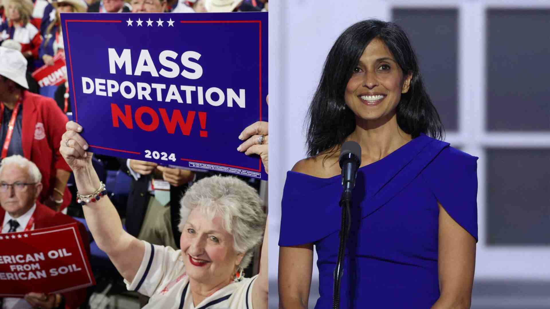 Placards Of Mass Deportation Raised During Usha Vance's Speech