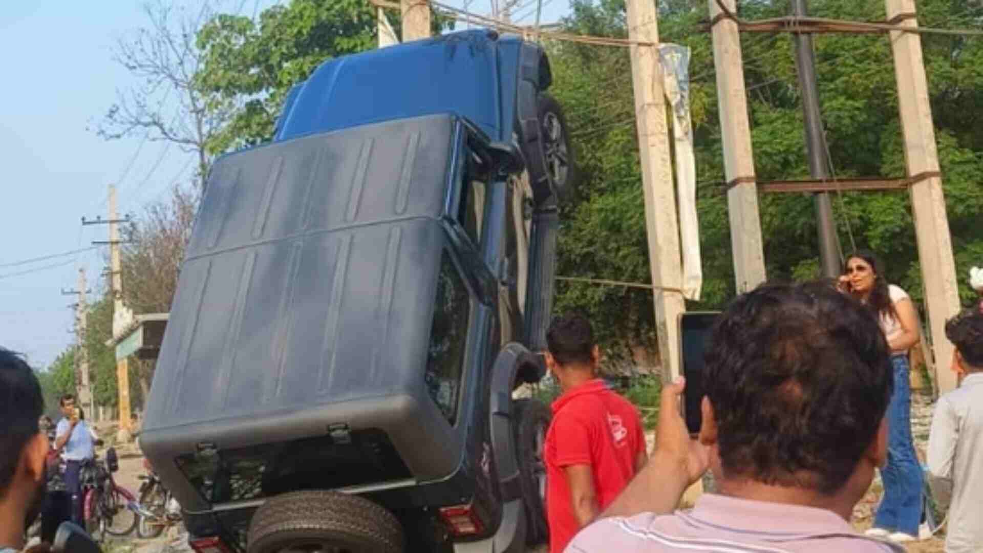 Gurugram: Mahindra Thar SUV Gets Stuck On An Electric Pole, After Getting Hit By A Speeding Car