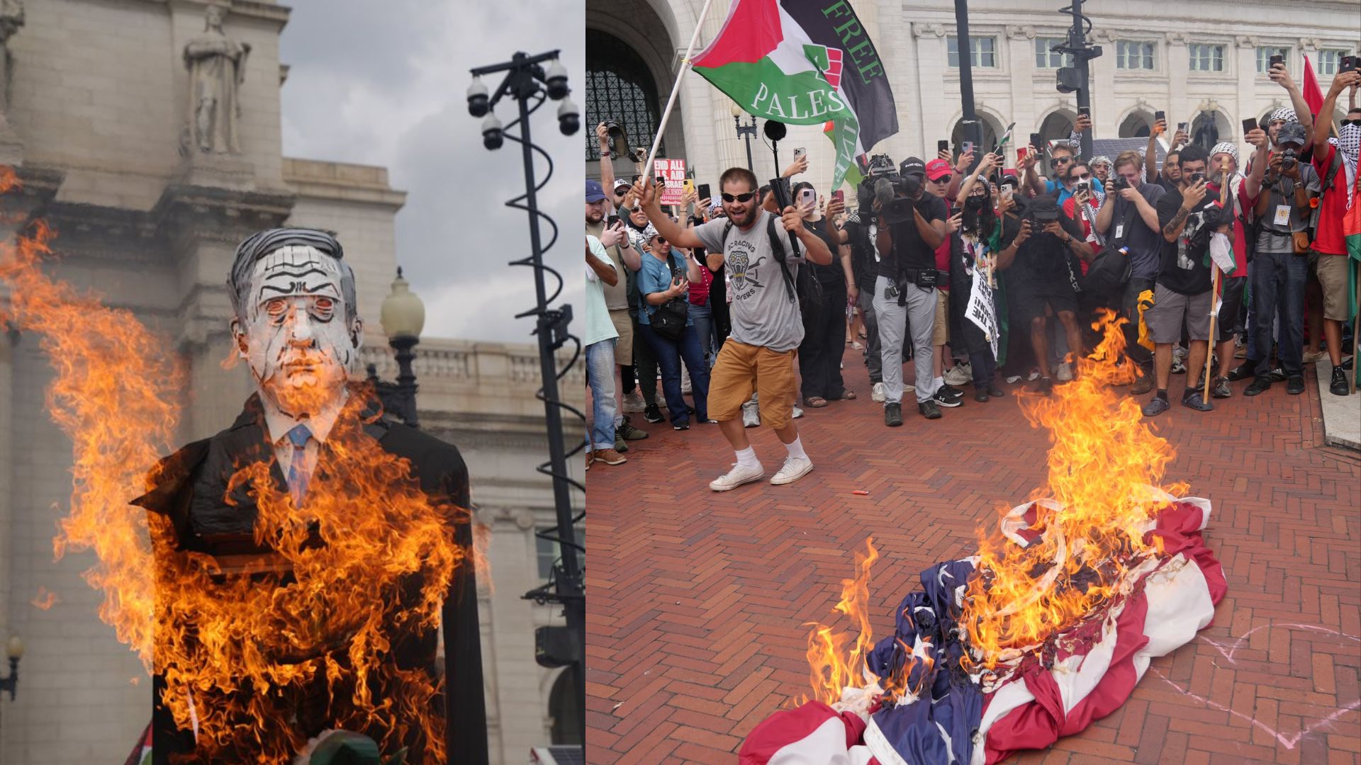 Watch: Protesters Burn US Flags and Clash with Police During Netanyahu’s Washington Visit