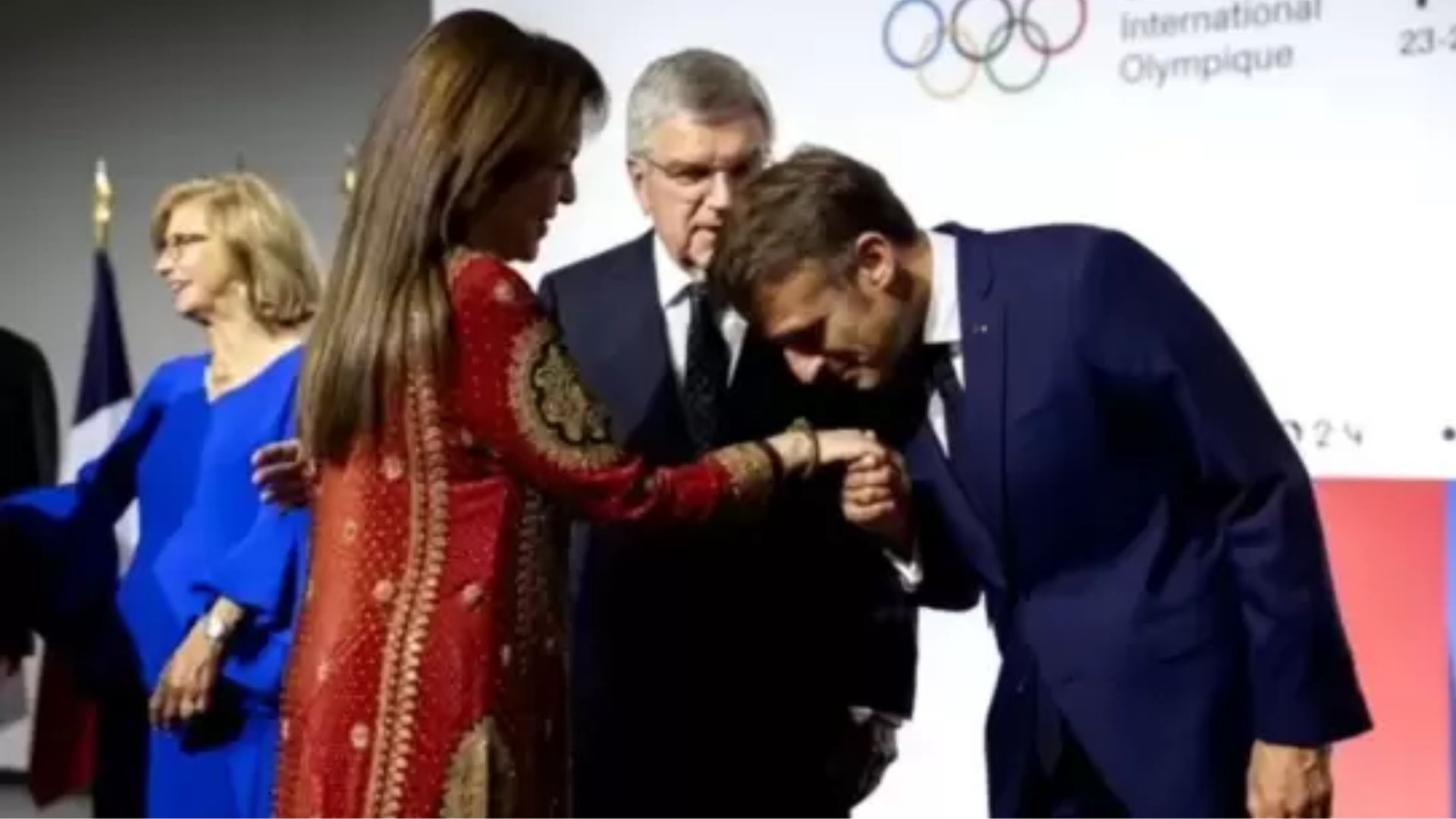 Nita Ambani Welcomed by Emmanuel Macron at 2024 Paris Olympics Event in Embroidered Red Suit